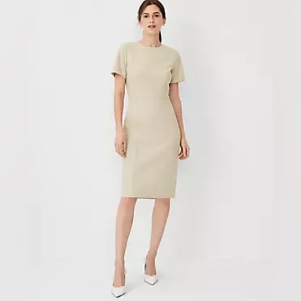Ann Taylor Neutral Short-Sleeve Midi Sheath Dress in Beige
